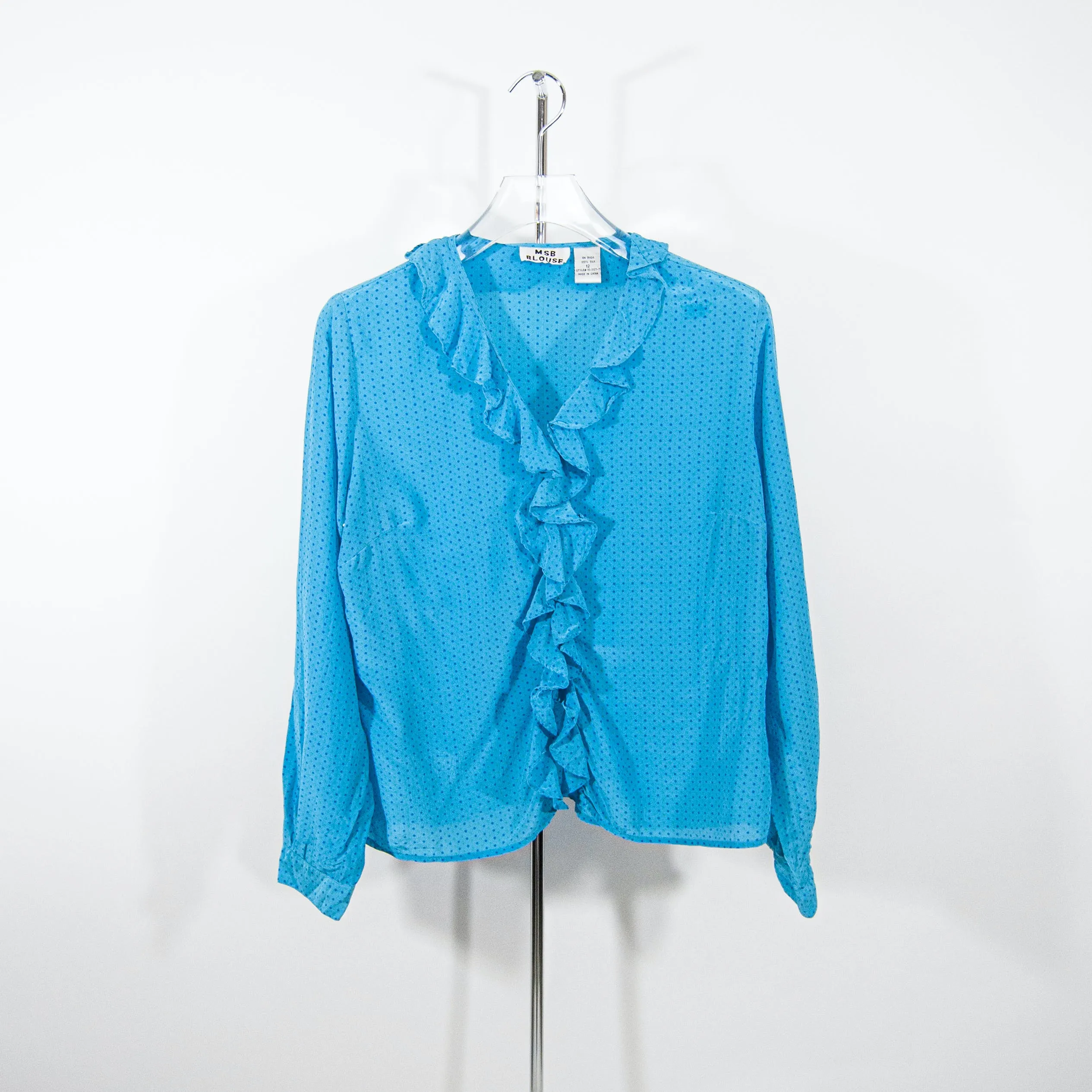 00's Cerulean Silk Polka Dot Ruffle Blouse by Msb Blouse