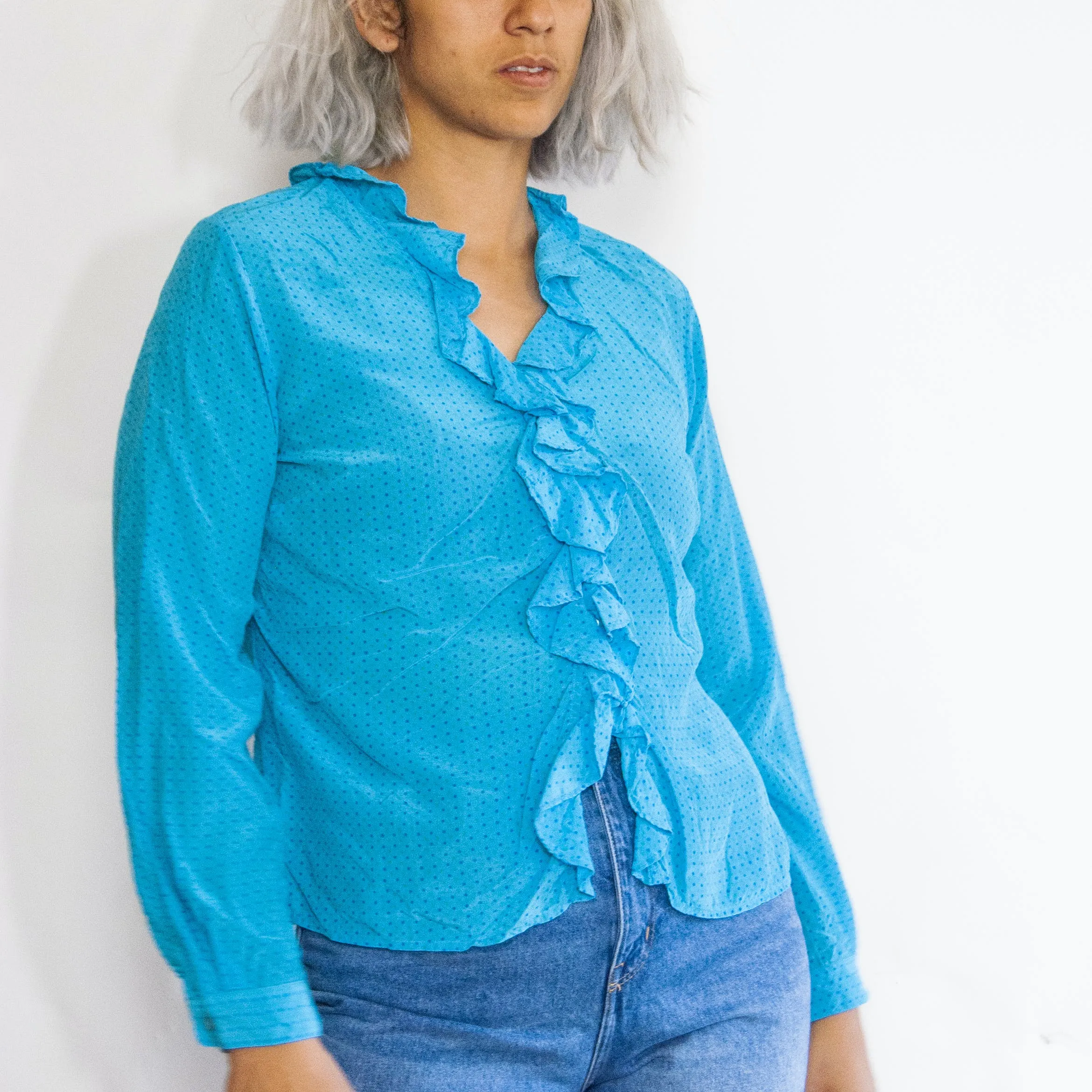 00's Cerulean Silk Polka Dot Ruffle Blouse by Msb Blouse