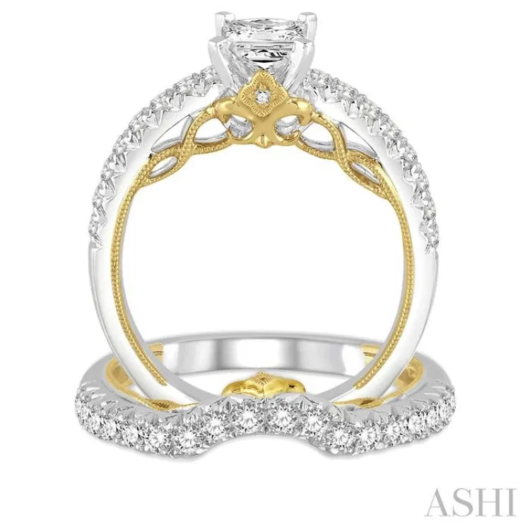 1 3/8 Ctw Diamond Bridal Set with 1 Ctw Princess Cut Engagement Ring and 3/8 Ctw Wedding Band in 14K White and Yellow Gold