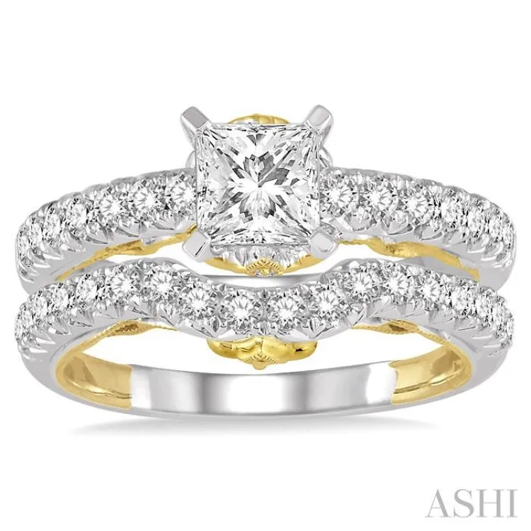 1 3/8 Ctw Diamond Bridal Set with 1 Ctw Princess Cut Engagement Ring and 3/8 Ctw Wedding Band in 14K White and Yellow Gold