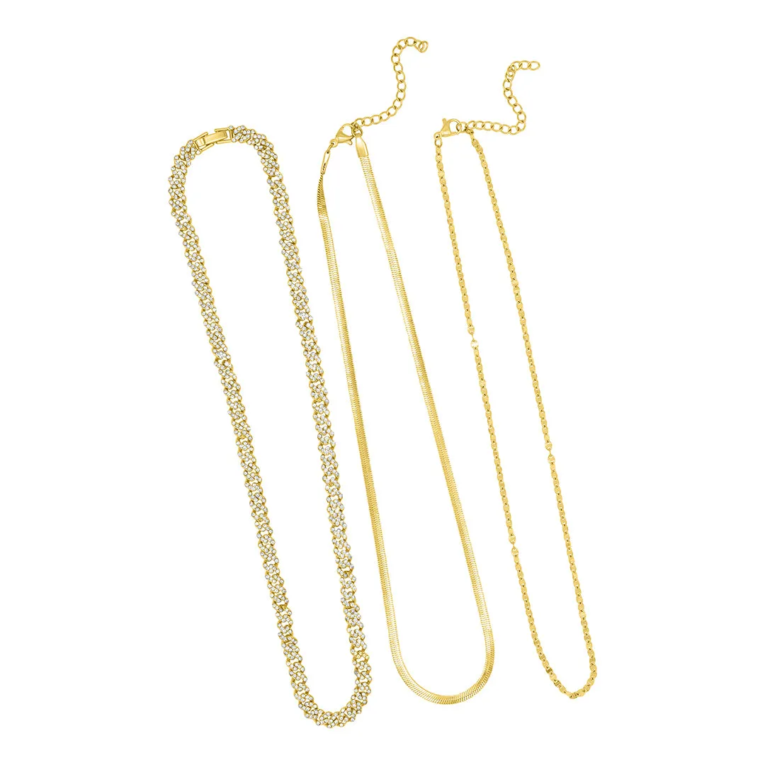 14k Gold Plated Adjustable Valentina, Herringbone and 8mm Crystal Curb Chain Necklace Set