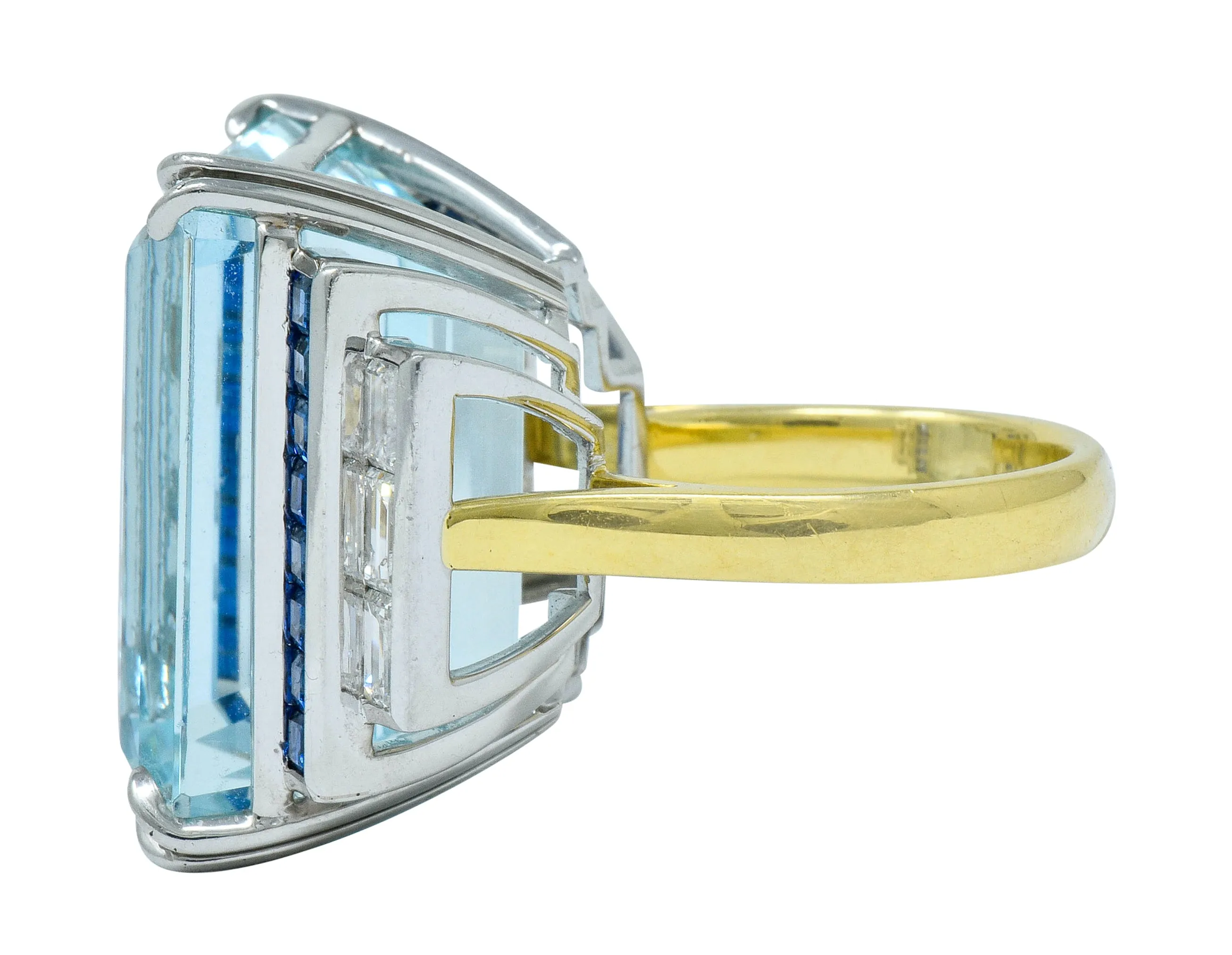 1950's Mid-Century 41.22 CTW Aquamarine Sapphire Diamond Platinum 18 Karat Gold Cocktail Ring