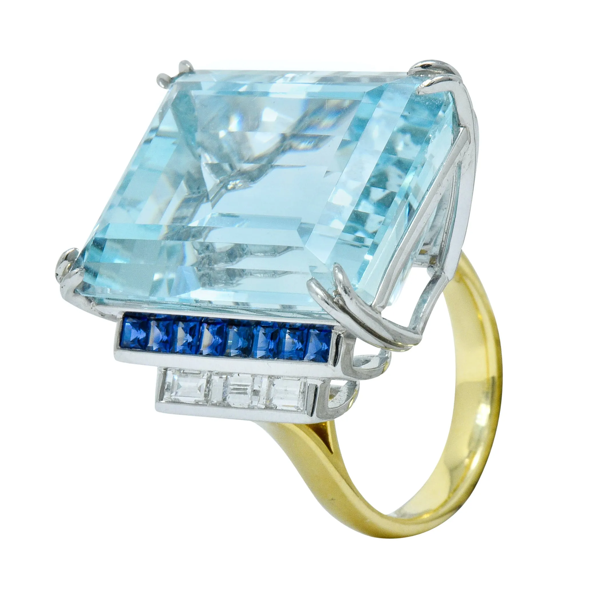 1950's Mid-Century 41.22 CTW Aquamarine Sapphire Diamond Platinum 18 Karat Gold Cocktail Ring