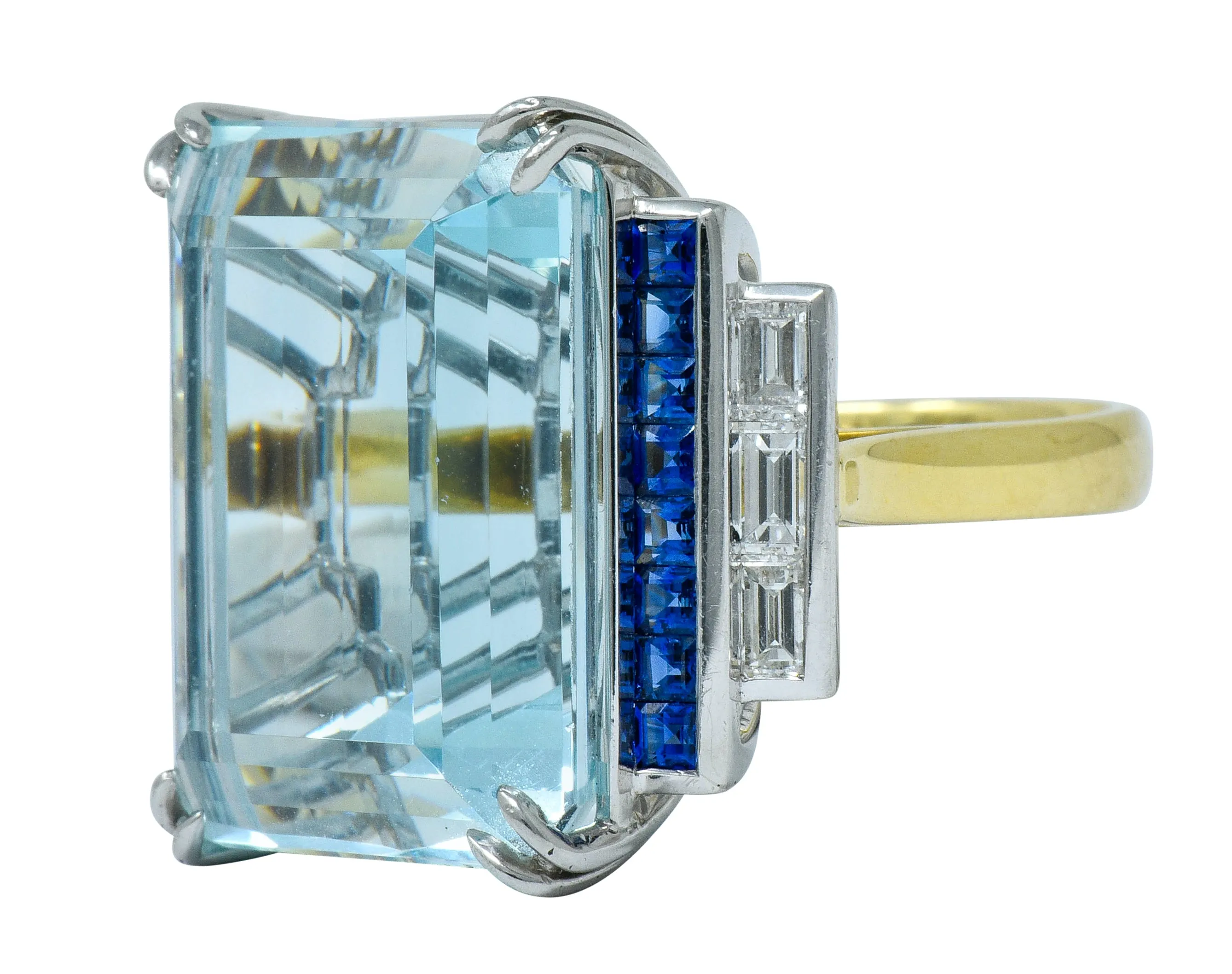 1950's Mid-Century 41.22 CTW Aquamarine Sapphire Diamond Platinum 18 Karat Gold Cocktail Ring