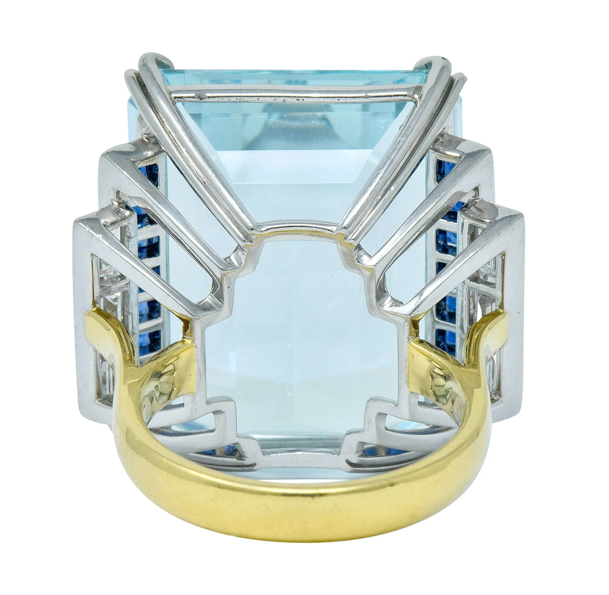 1950's Mid-Century 41.22 CTW Aquamarine Sapphire Diamond Platinum 18 Karat Gold Cocktail Ring