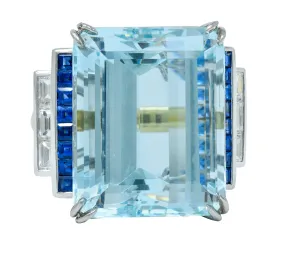 1950's Mid-Century 41.22 CTW Aquamarine Sapphire Diamond Platinum 18 Karat Gold Cocktail Ring