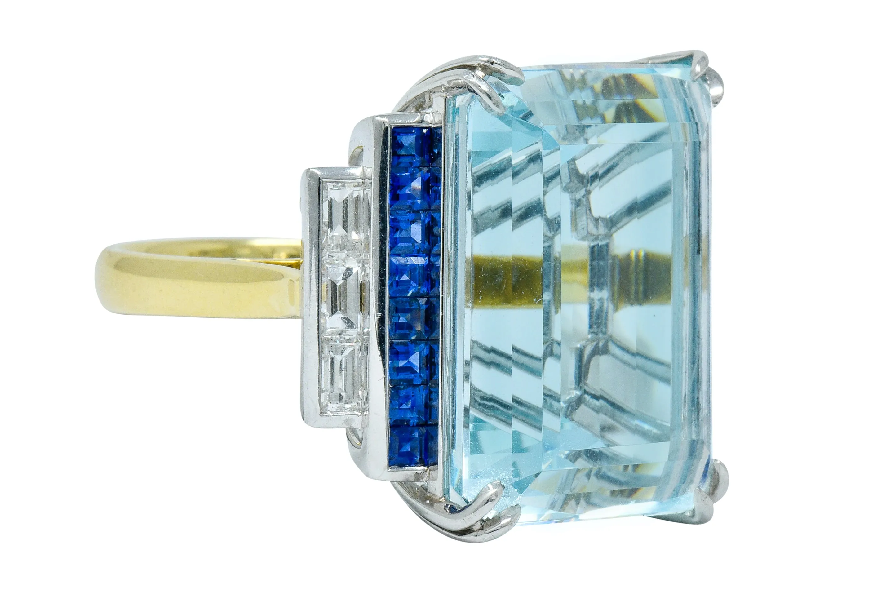 1950's Mid-Century 41.22 CTW Aquamarine Sapphire Diamond Platinum 18 Karat Gold Cocktail Ring