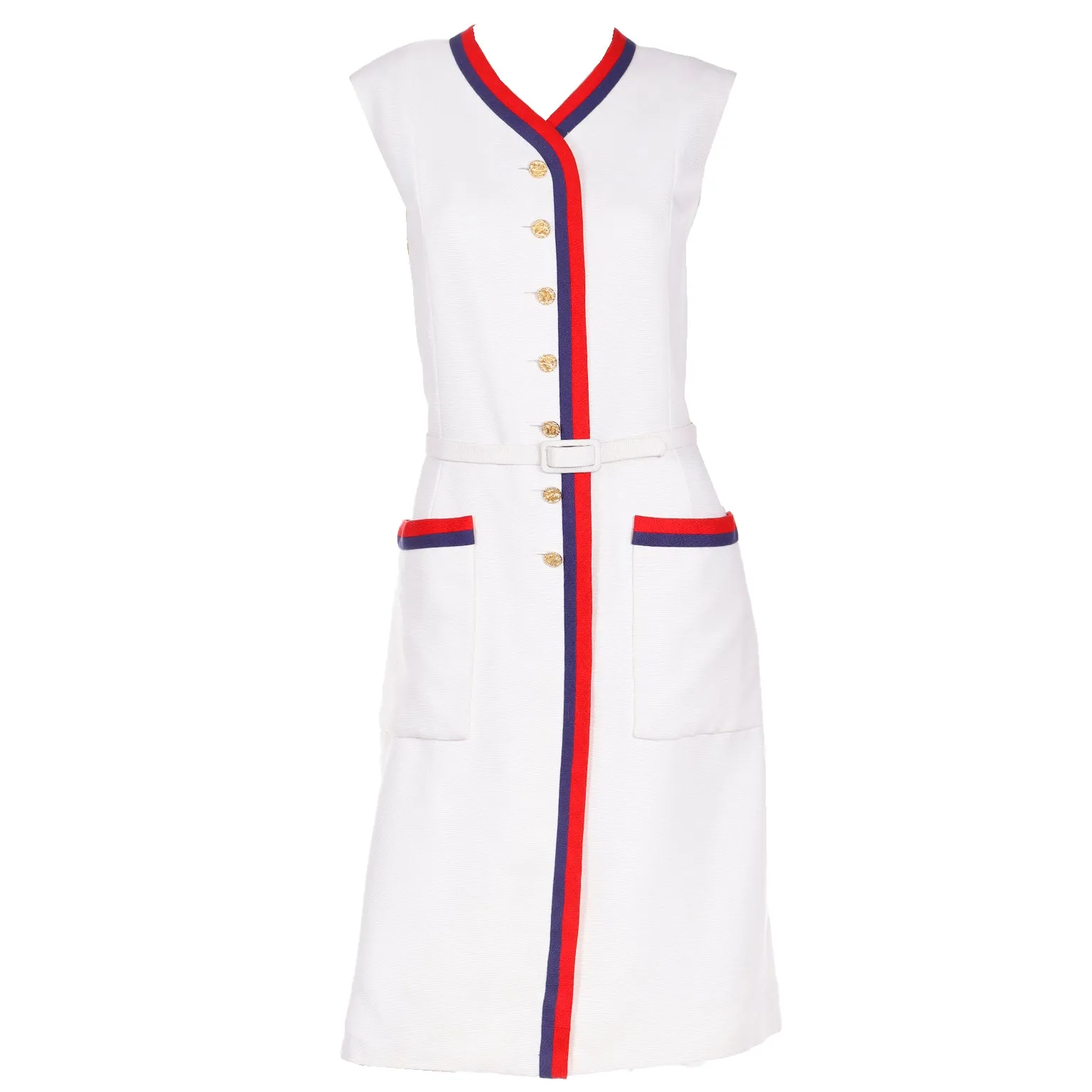 1960s Harvey Berin Karen Stark Vintage White Dress w Red & Blue Trim