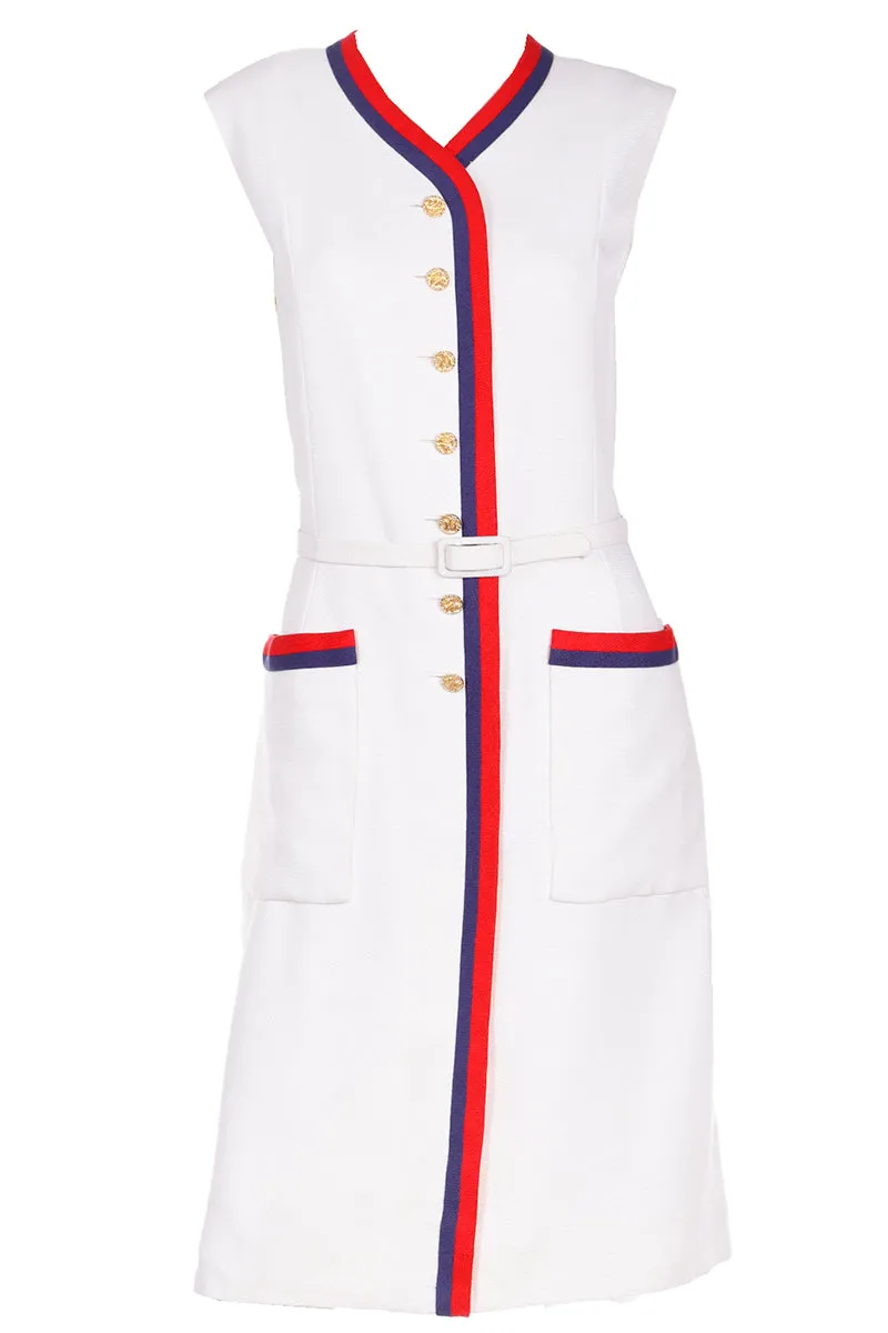 1960s Harvey Berin Karen Stark Vintage White Dress w Red & Blue Trim