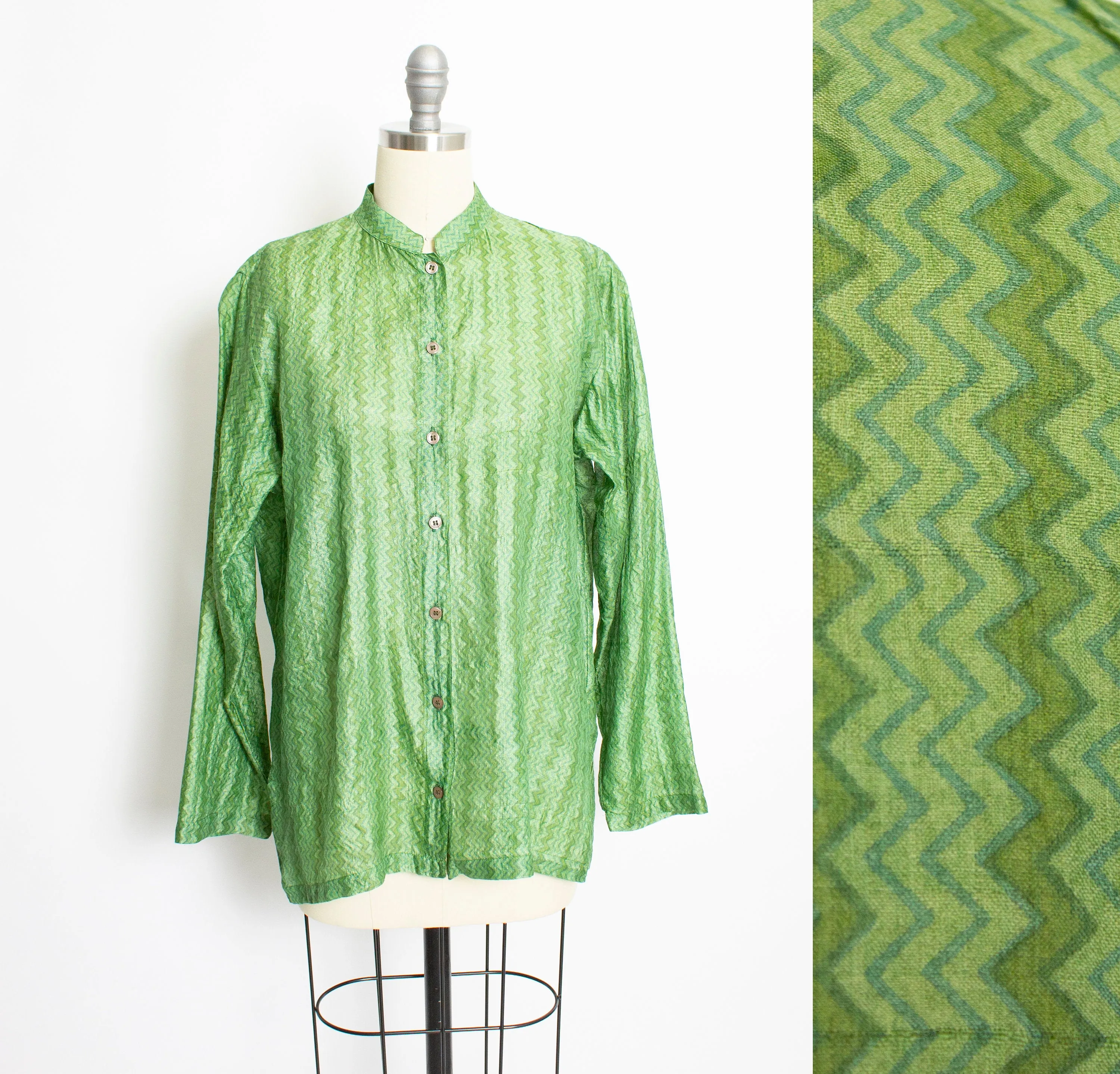 1970s India SILK Blouse Green Sheer Top Medium