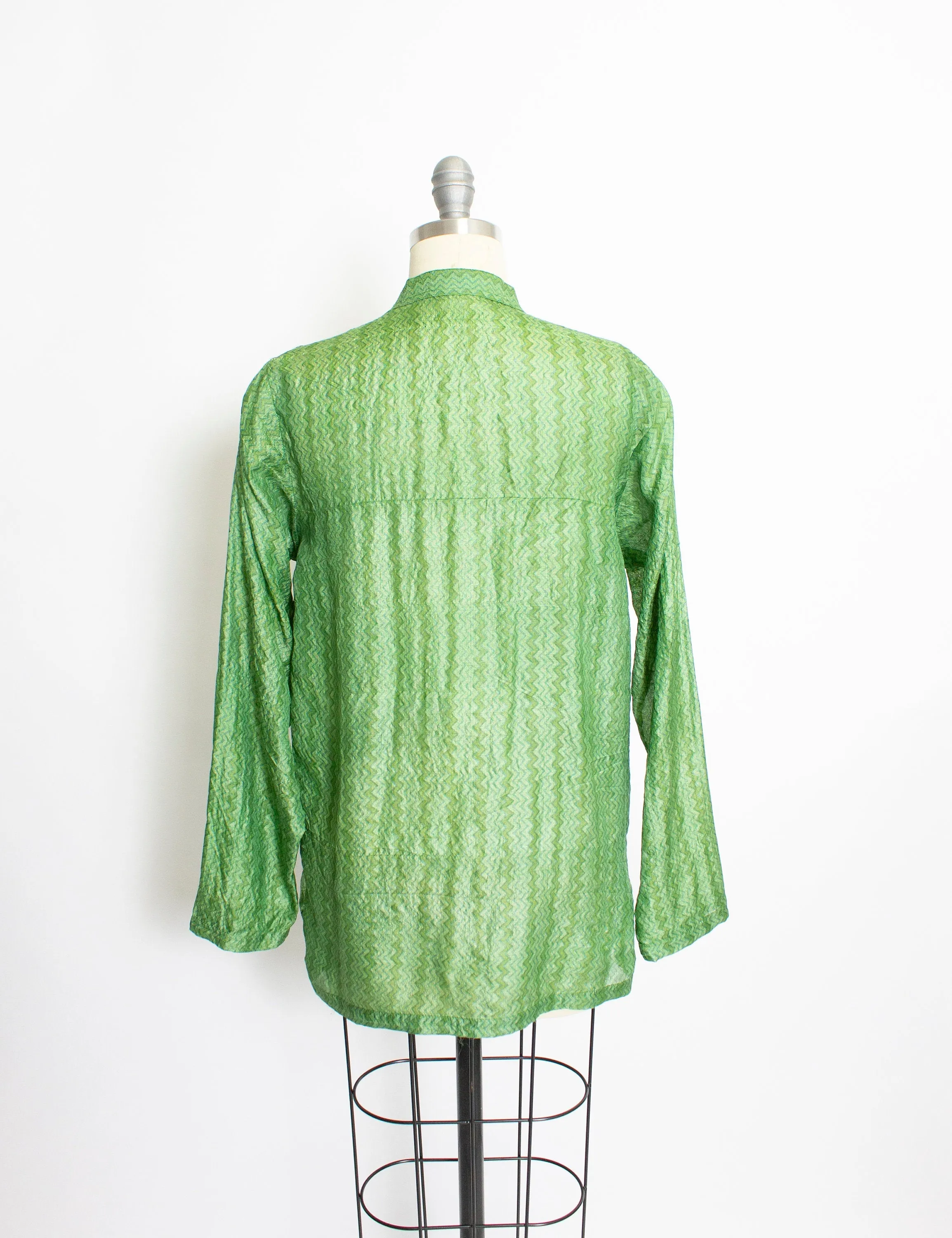 1970s India SILK Blouse Green Sheer Top Medium