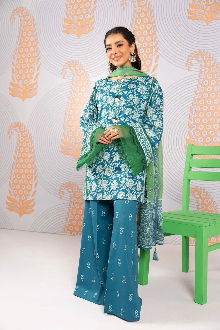 3 Pc Printed Cambric Suit With Printed Tissue Silk Dupatta