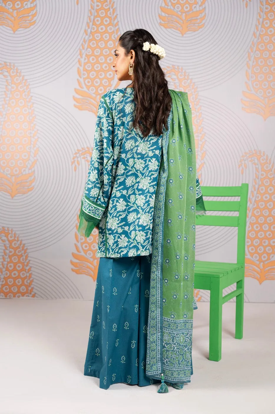 3 Pc Printed Cambric Suit With Printed Tissue Silk Dupatta