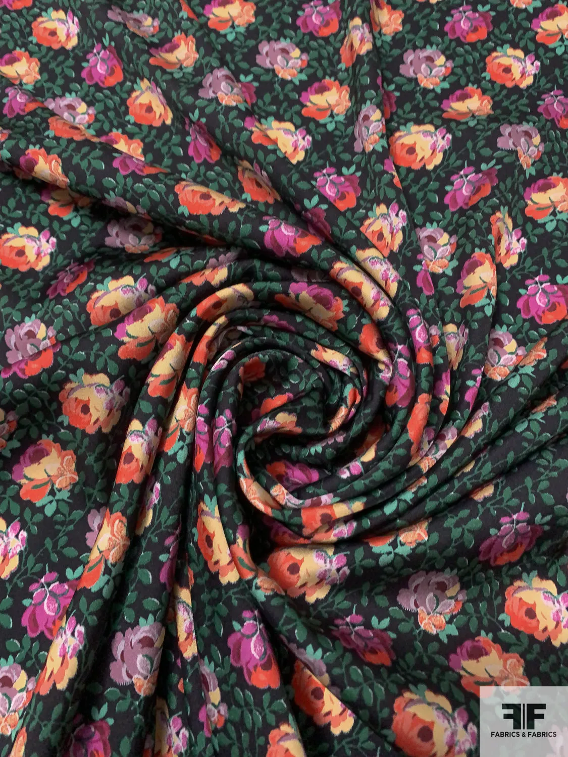 Anna Sui Floral Printed Matte Polyester Charmeuse - Green / Coral-Orange / Orchid / Mauve / Black