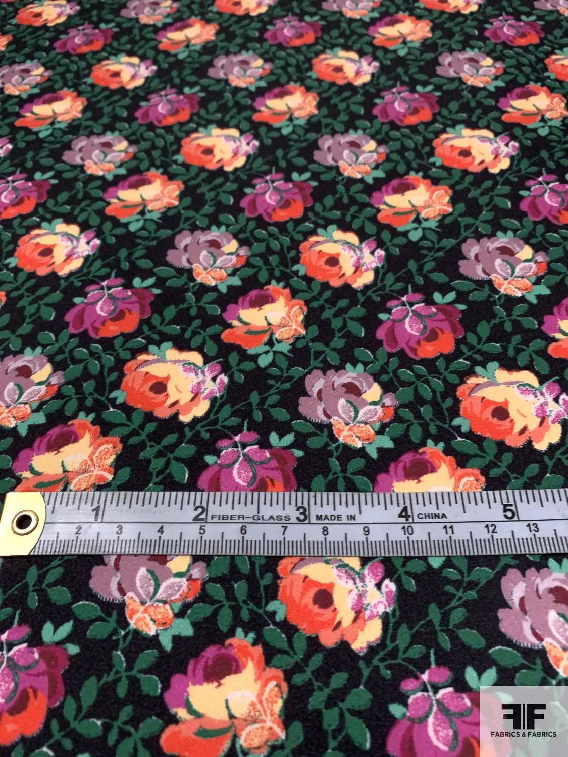 Anna Sui Floral Printed Matte Polyester Charmeuse - Green / Coral-Orange / Orchid / Mauve / Black