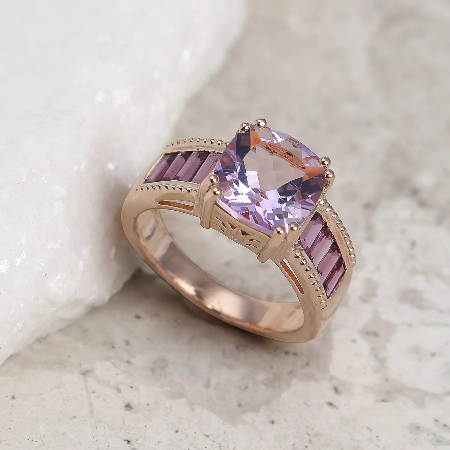 Art Deco Garnet Amethyst Gemstone Emerald Cut Engagement Ring Sterling Silver