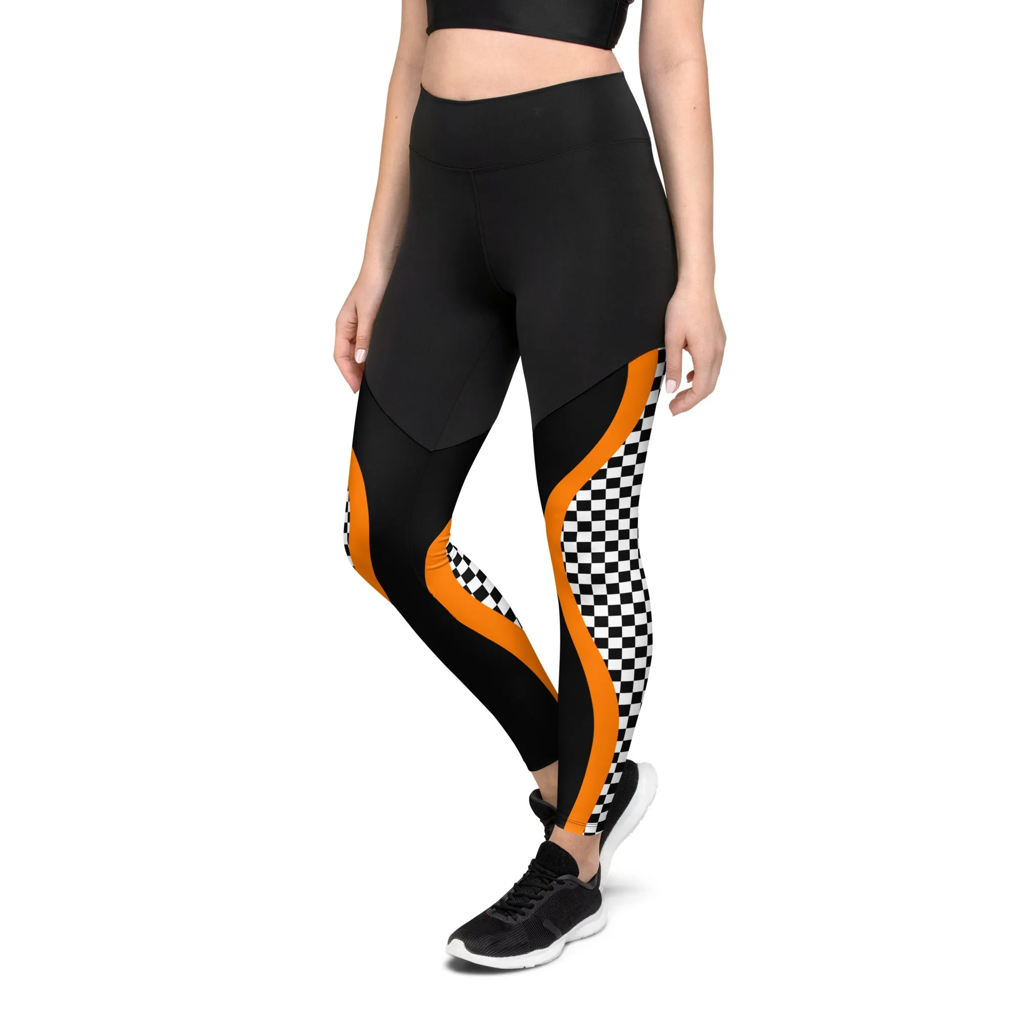 Black and Orange Checkered Compression Leggings