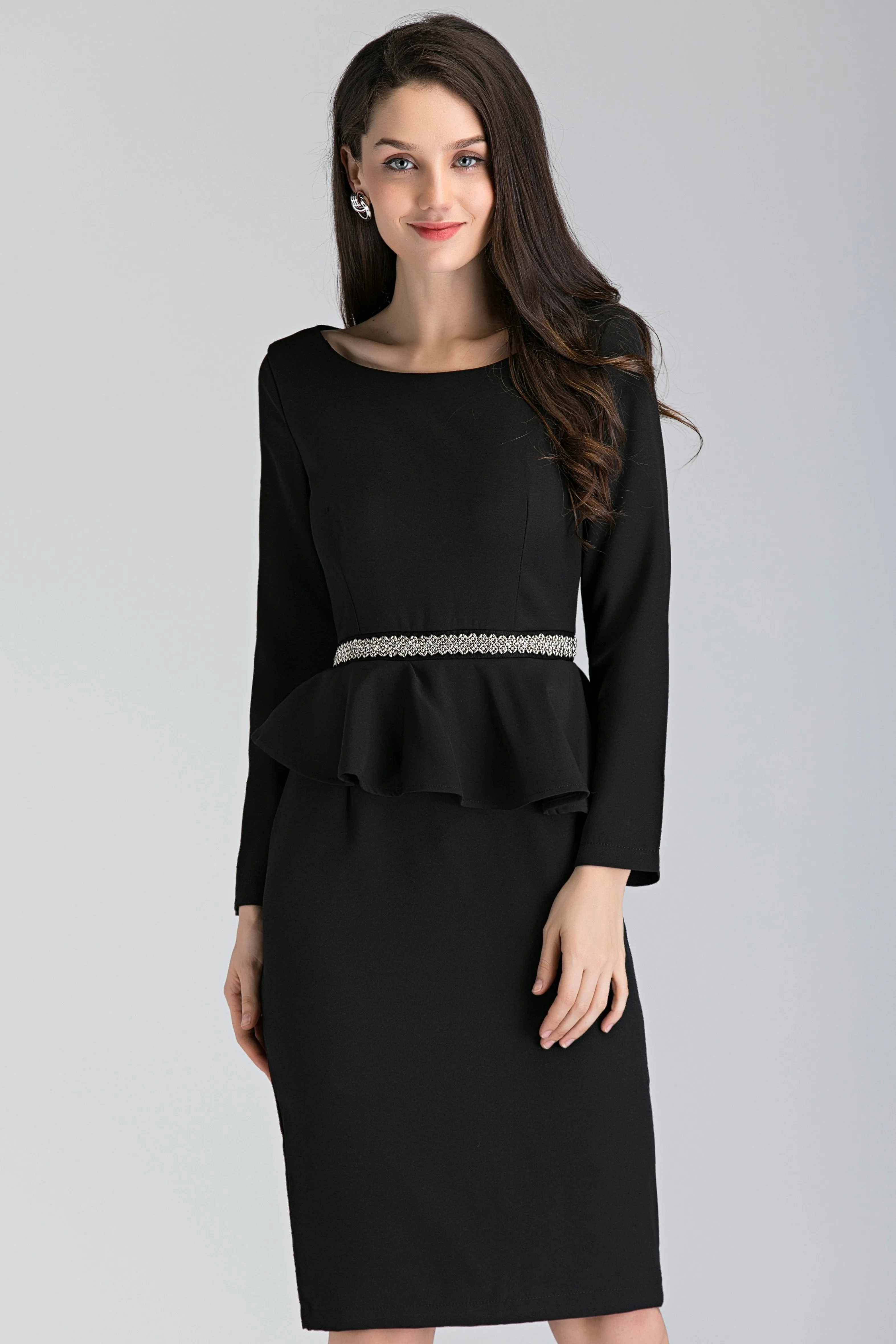 Black Sleeved Jewel Waist Peplum Midi Dress