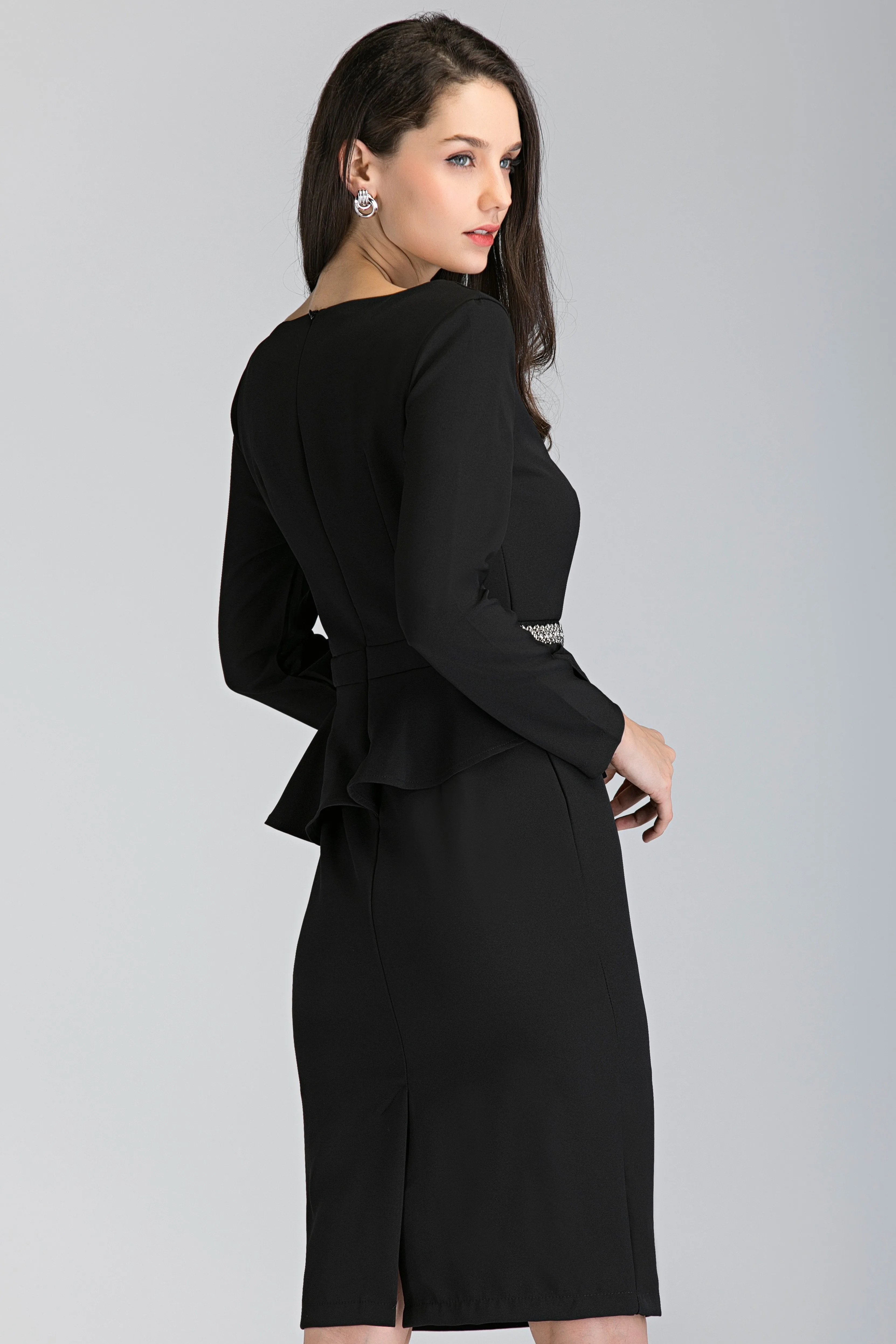 Black Sleeved Jewel Waist Peplum Midi Dress