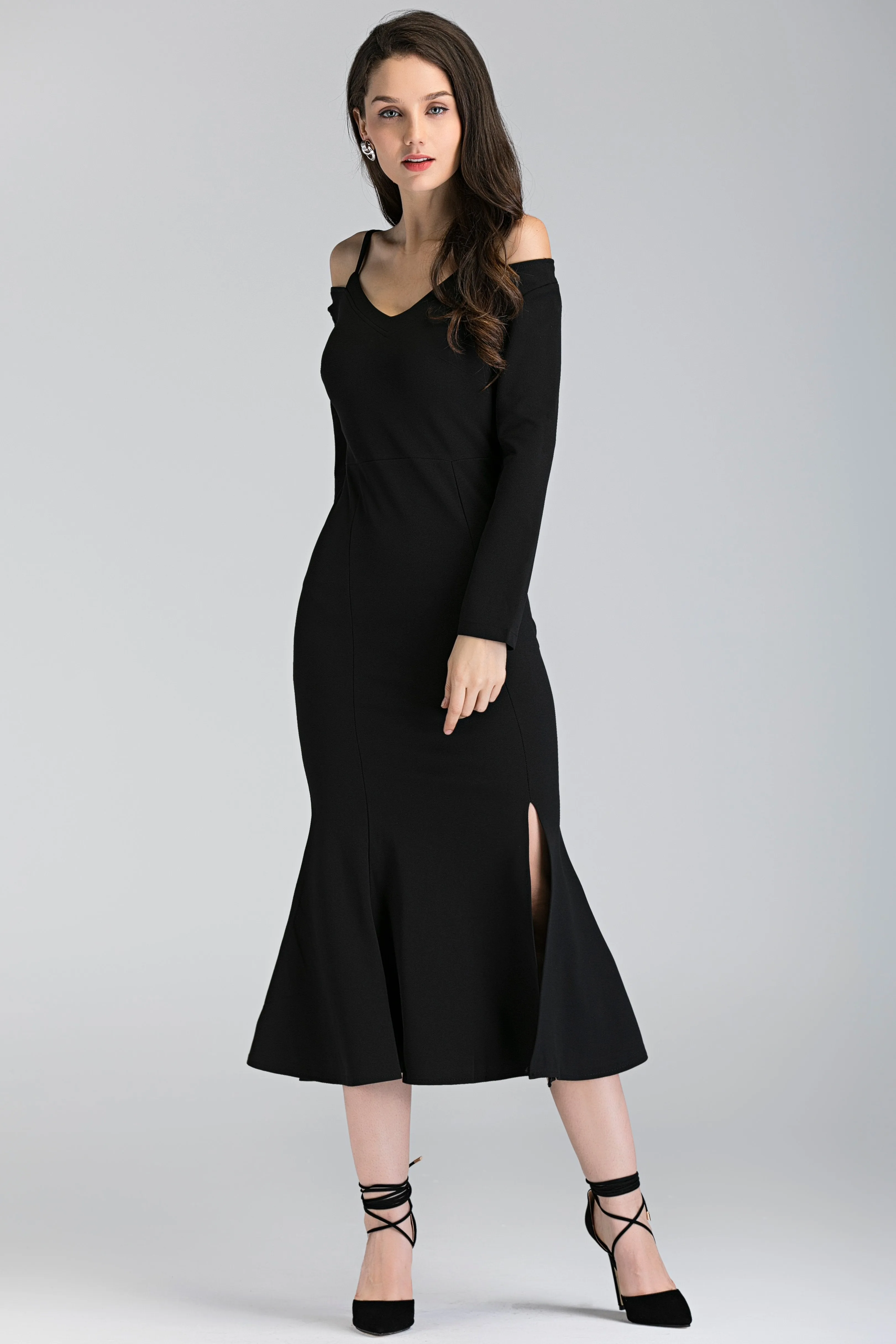 Black Trumpet Slit Midi Dress