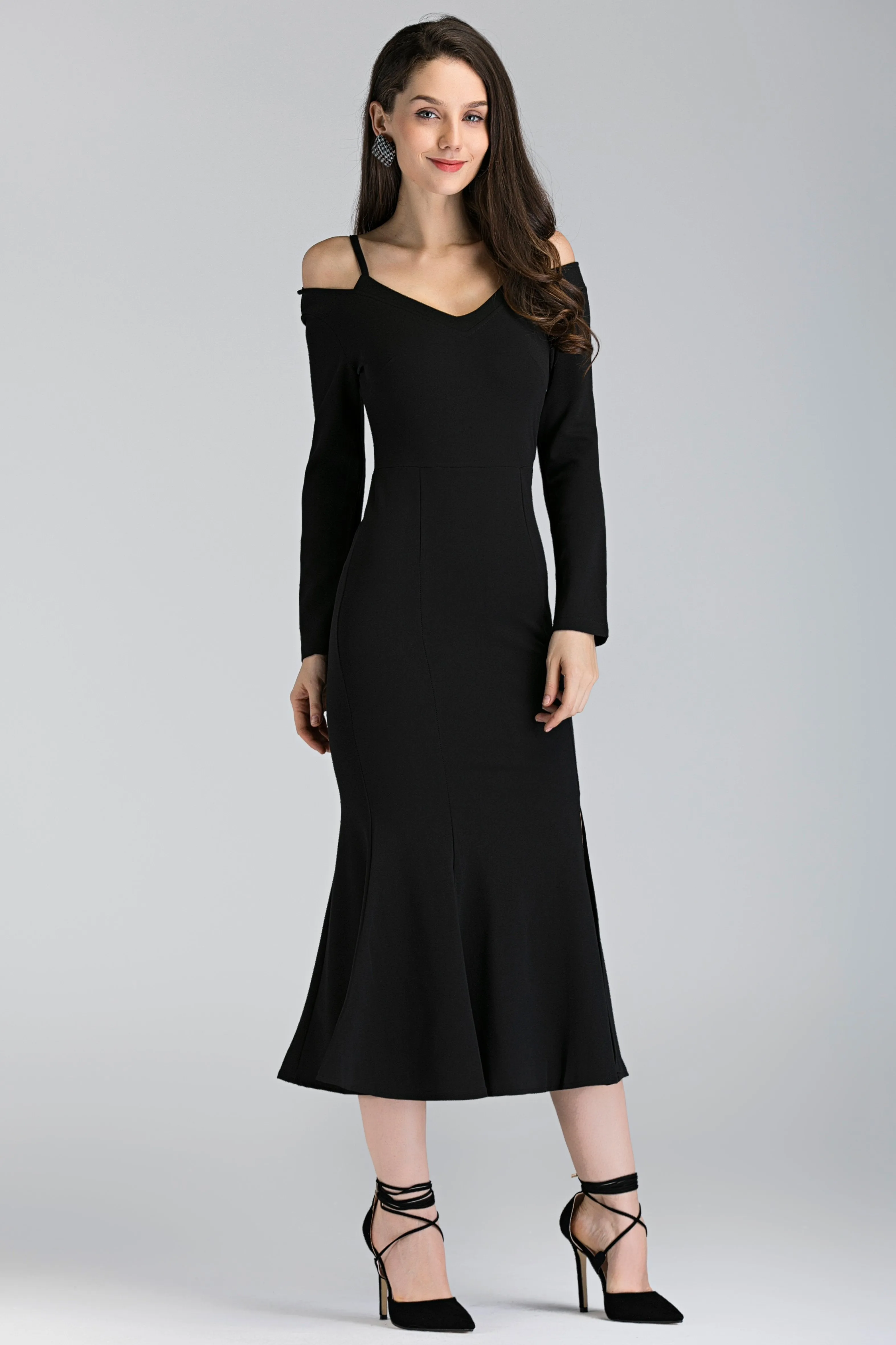 Black Trumpet Slit Midi Dress