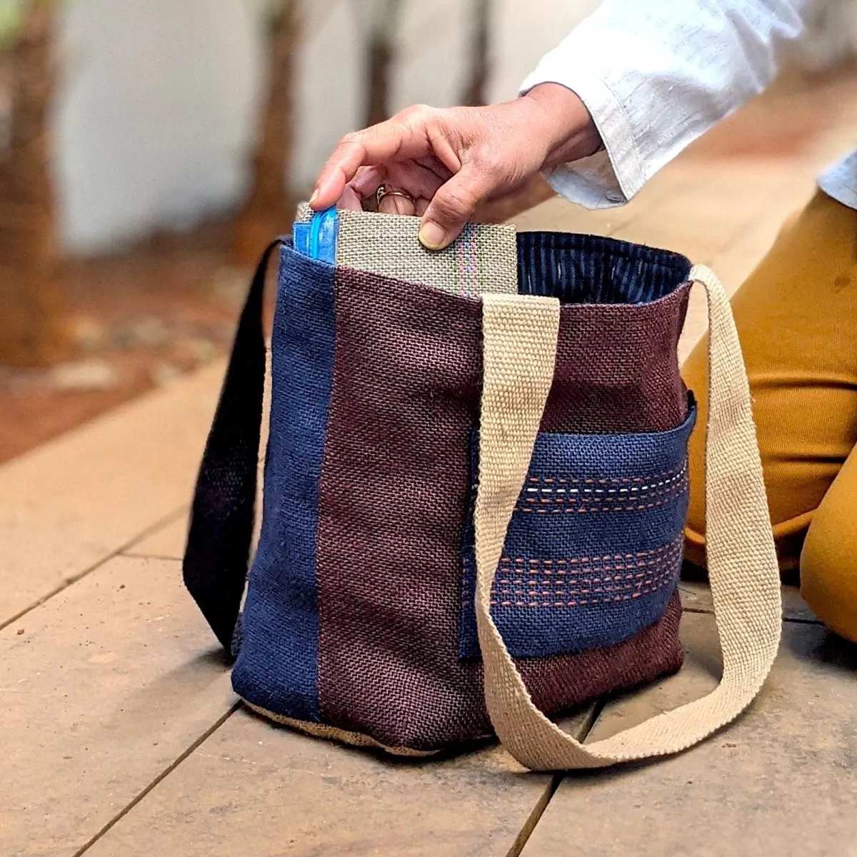 Blue & Gray Ikat Lined Jute Tote Small Bag