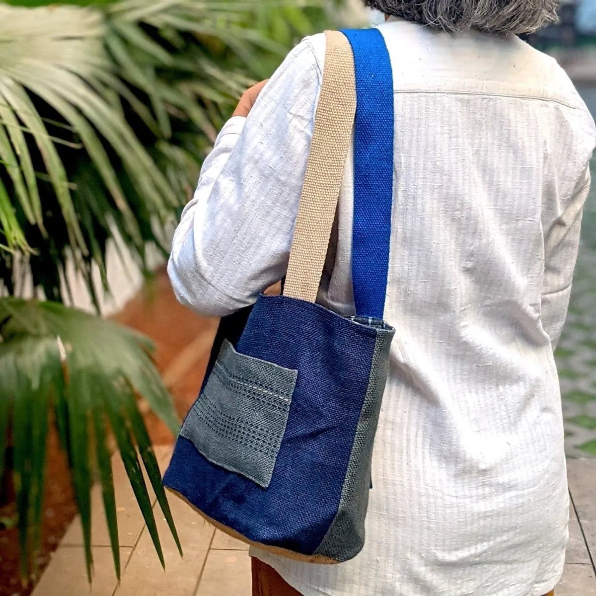 Blue & Gray Ikat Lined Jute Tote Small Bag