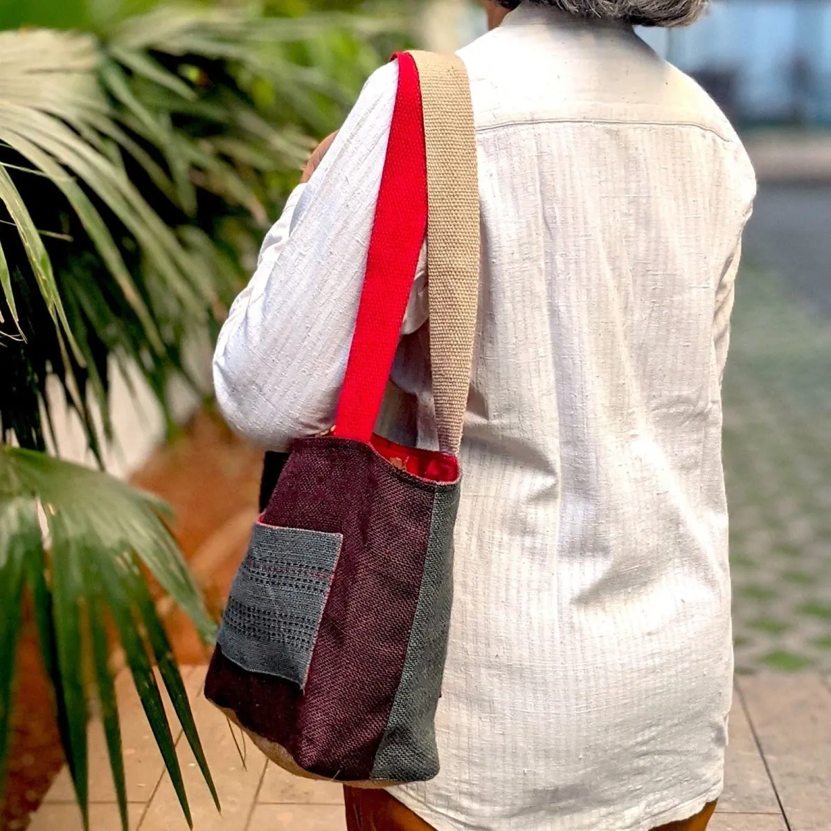 Blue & Gray Ikat Lined Jute Tote Small Bag