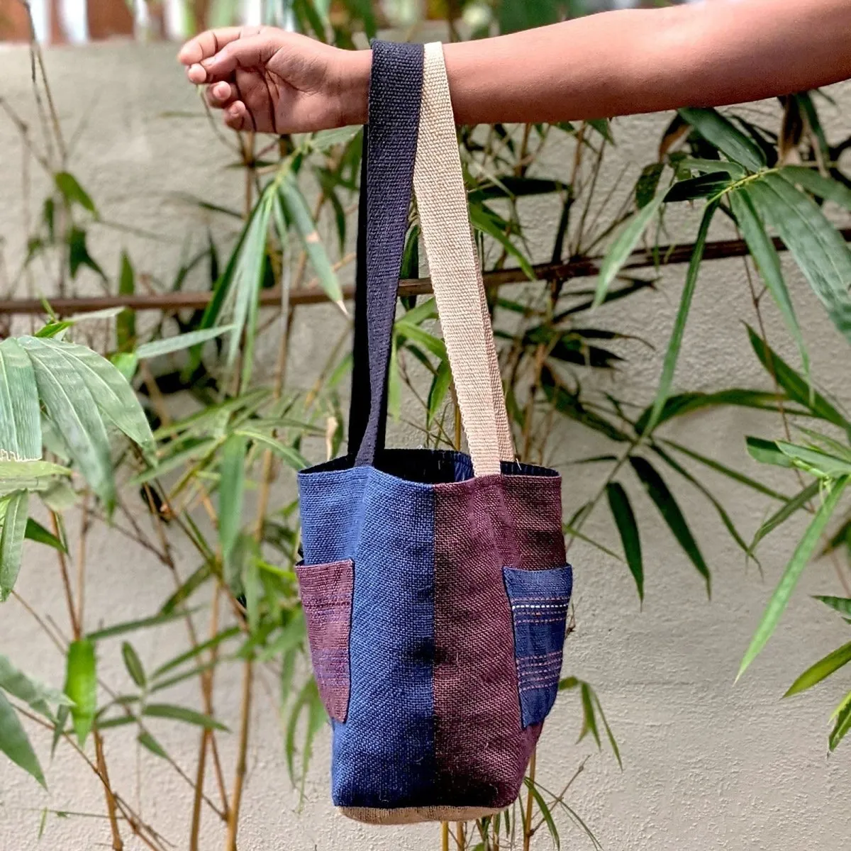 Blue & Gray Ikat Lined Jute Tote Small Bag