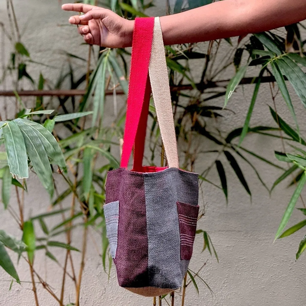 Blue & Gray Ikat Lined Jute Tote Small Bag