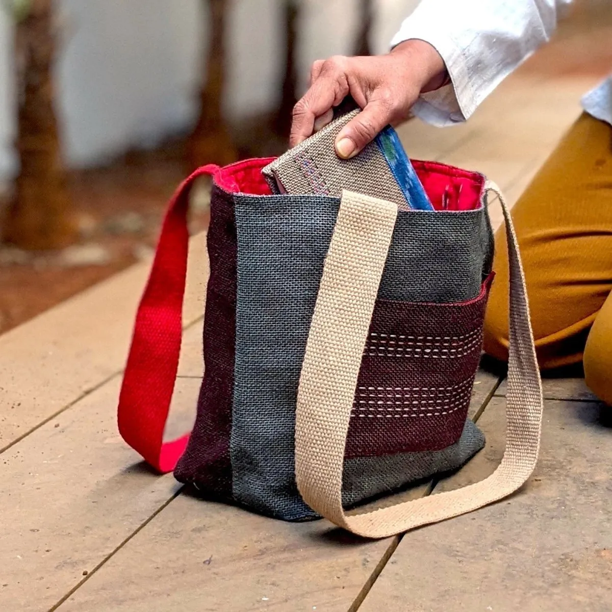 Blue & Gray Ikat Lined Jute Tote Small Bag