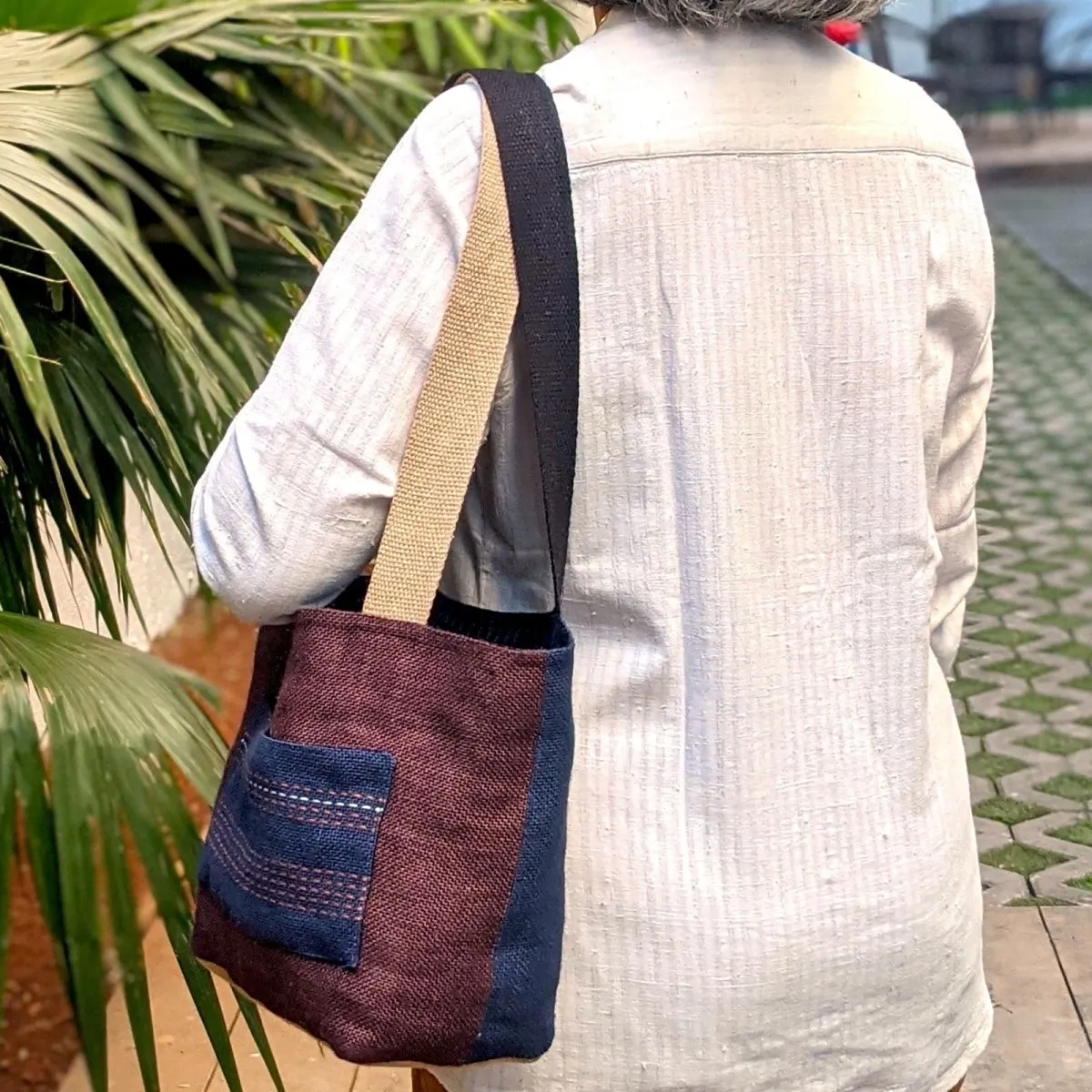 Blue & Gray Ikat Lined Jute Tote Small Bag