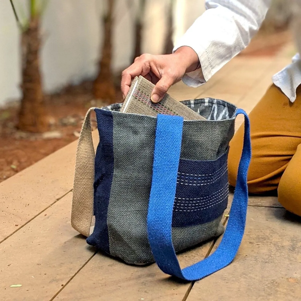 Blue & Gray Ikat Lined Jute Tote Small Bag