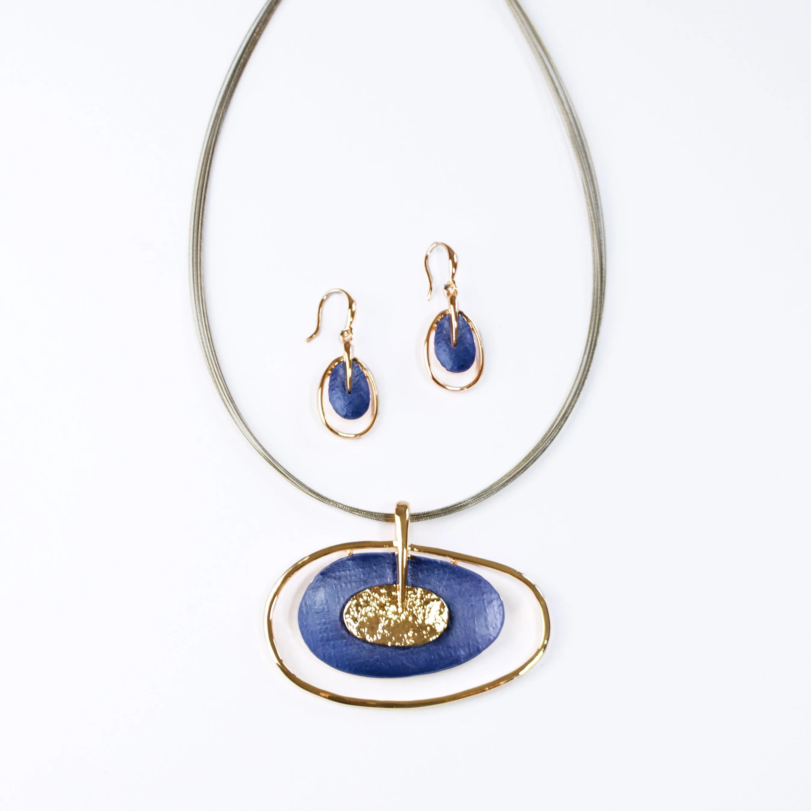 Boho Style Double Oval Necklace and Earring Set, Rose Gold & Blue