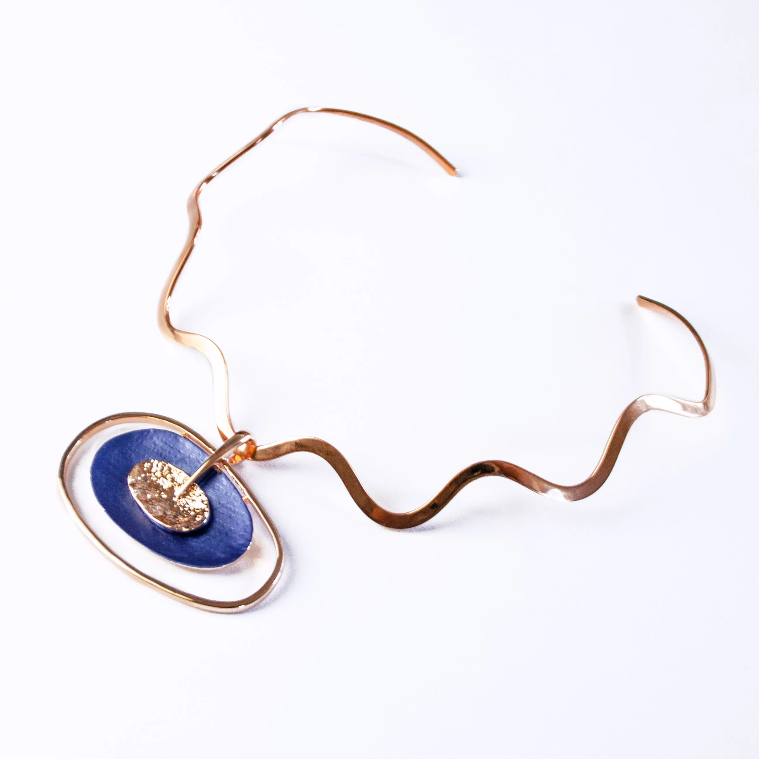 Boho Style Double Oval Necklace and Earring Set, Rose Gold & Blue