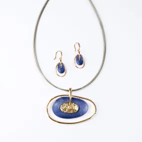 Boho Style Double Oval Necklace and Earring Set, Rose Gold & Blue