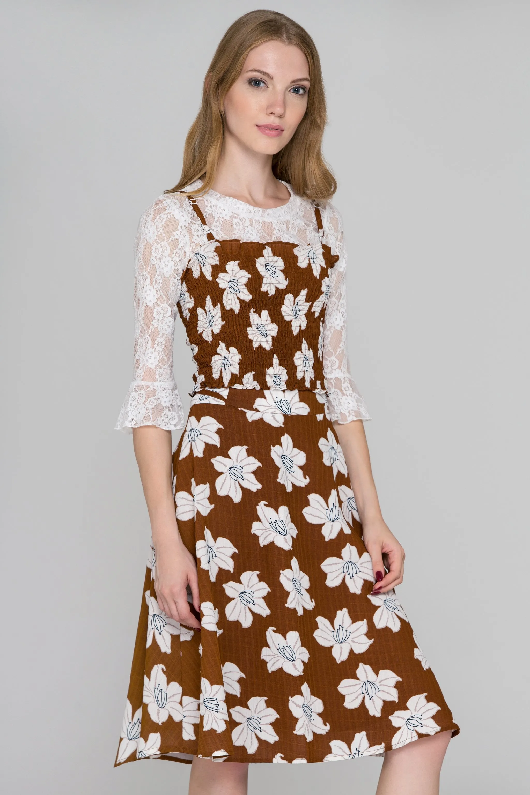 Brown Flower Print Three Piece Midi Dress