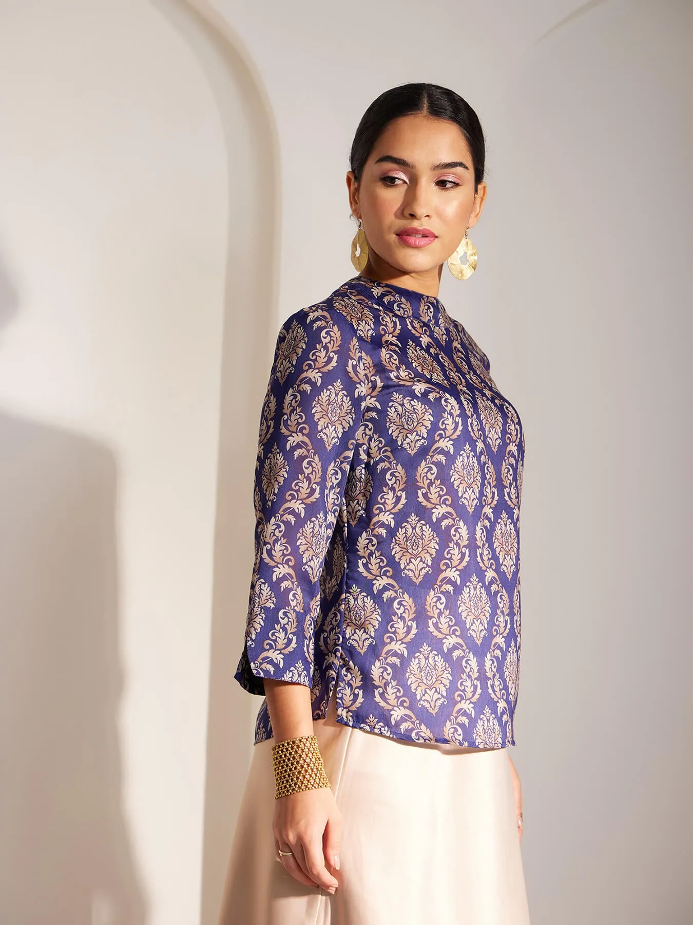 Chanderi Indian Motifs Top - Blue