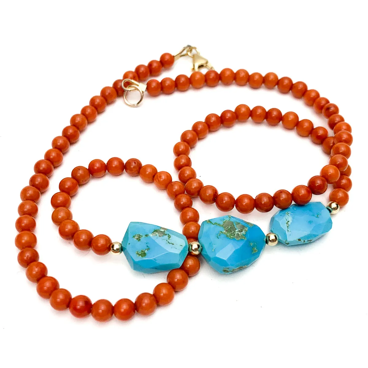 Coral & Sleeping Beauty Turquoise Necklace With Gold-Filled Trigger Clasp