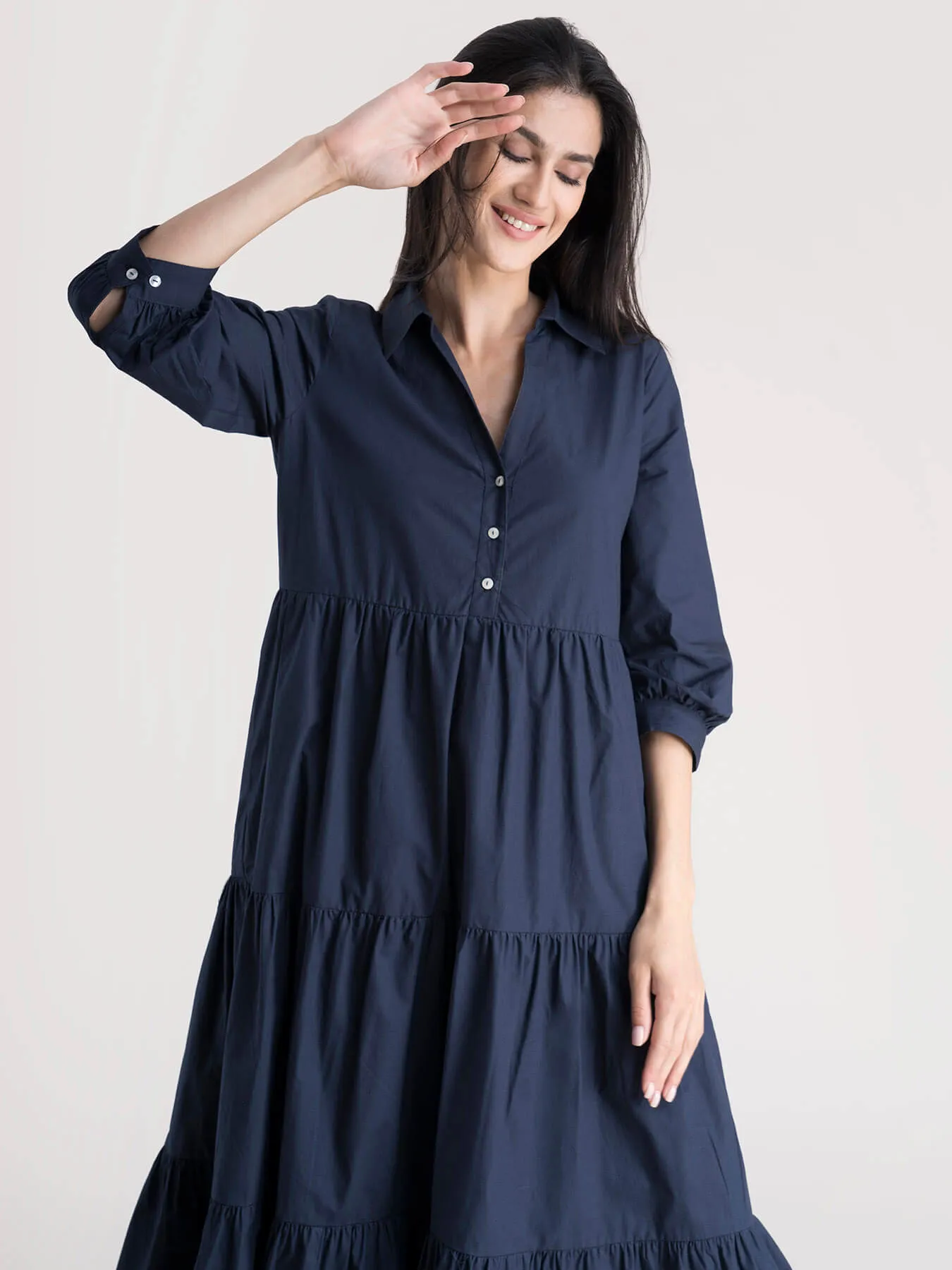 Cotton 3 Tiered Dress - Navy Blue