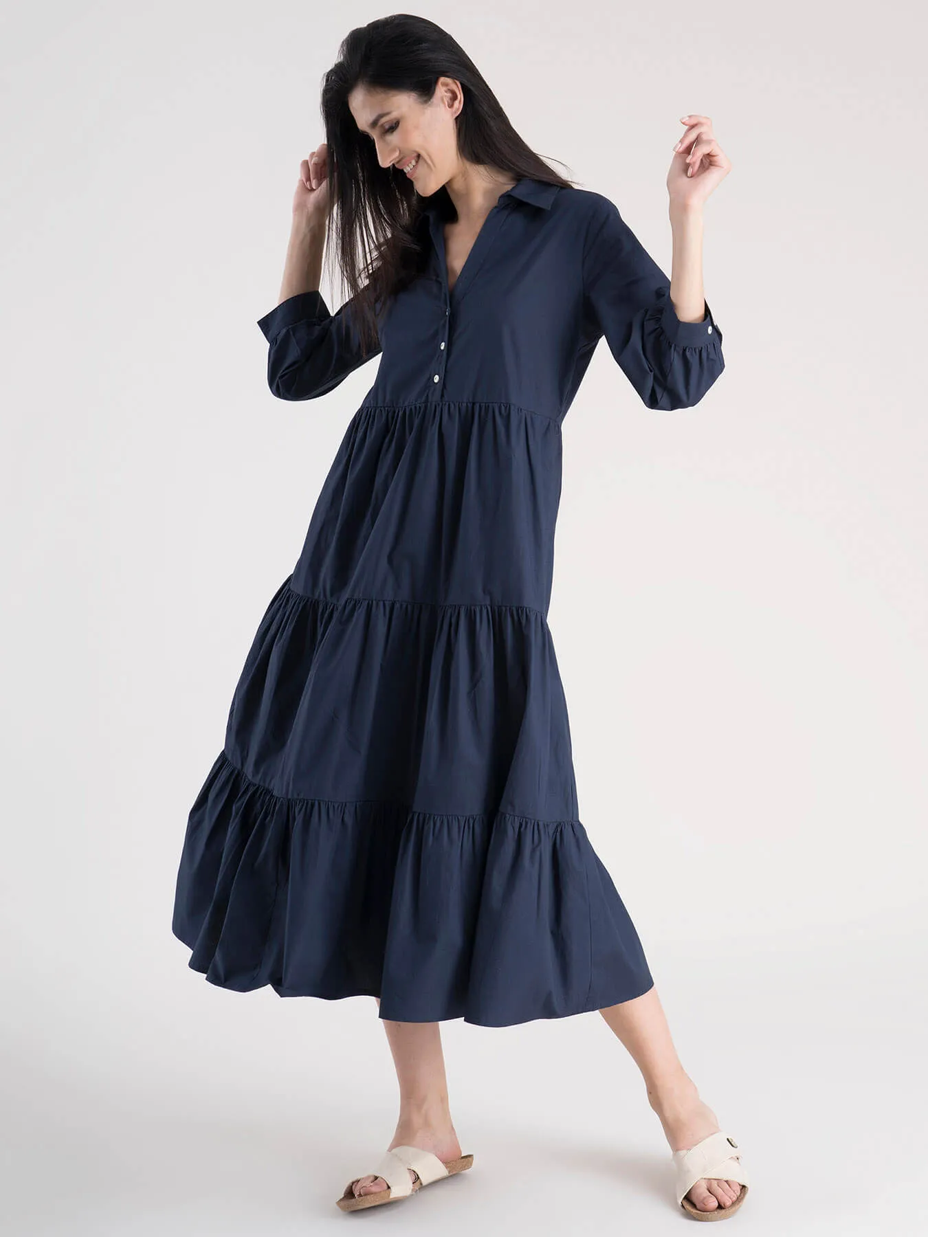 Cotton 3 Tiered Dress - Navy Blue