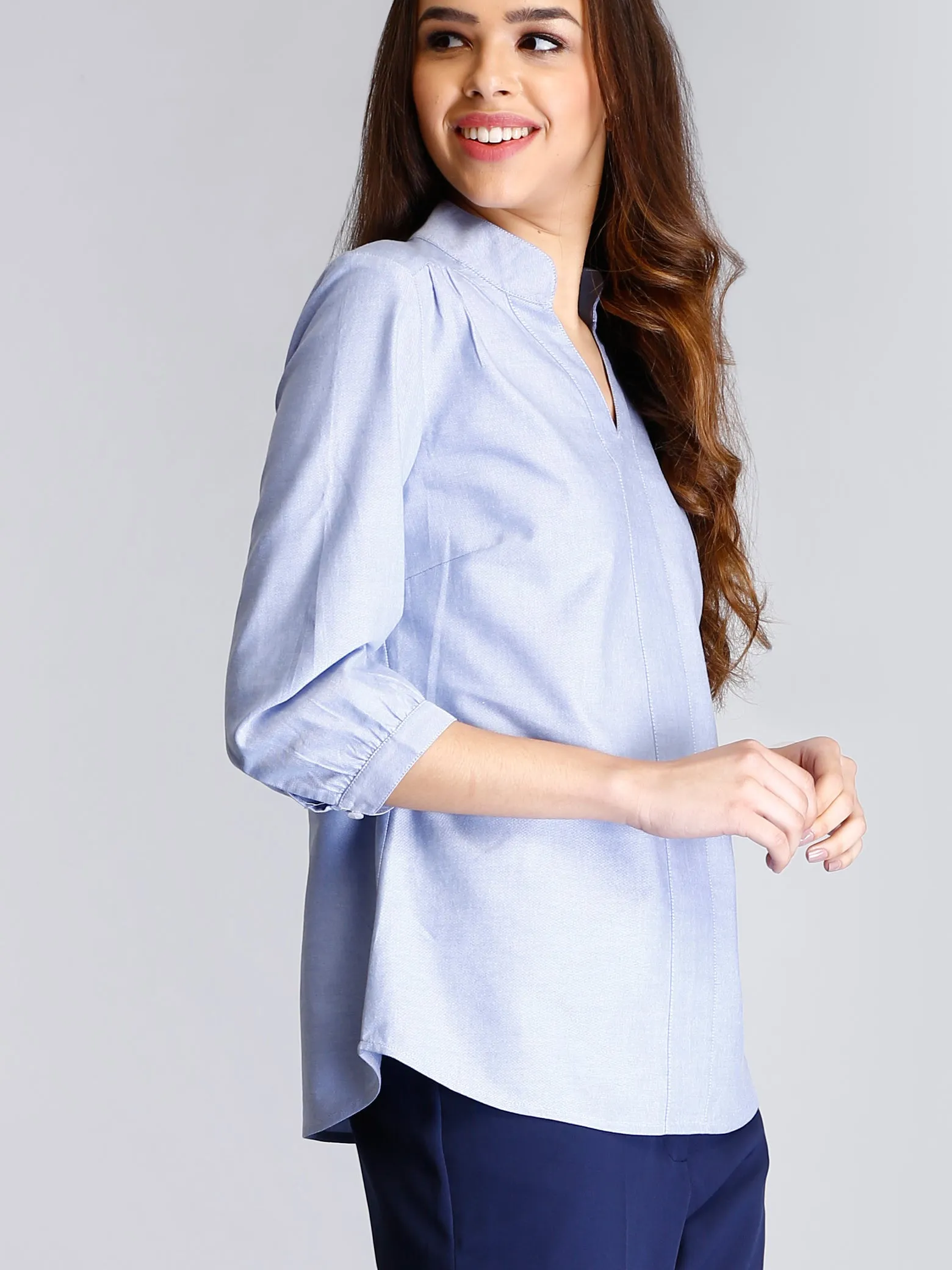 Cotton Gather Detail Top - Light Blue