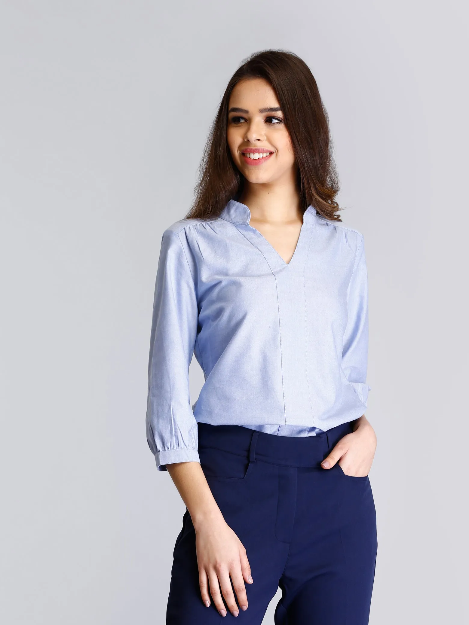 Cotton Gather Detail Top - Light Blue