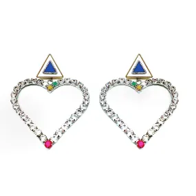 CRYSTAL EMBELLISHED DETACHABLE HEART CHARM TRIANGULAR STUD EARRINGS