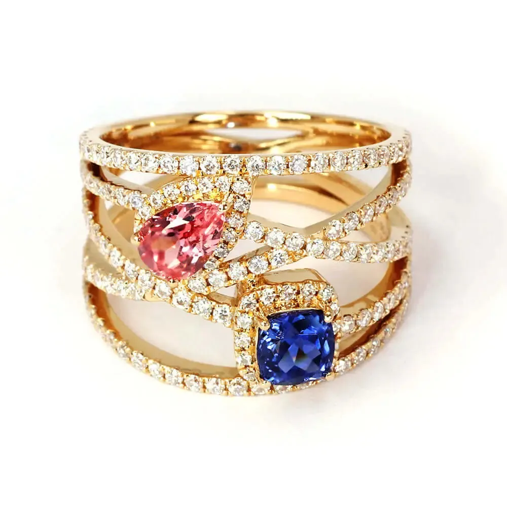 Daphne Pear and Cushion Lab Grown Sapphire with Multi Pave Band Ring in 18K Gold