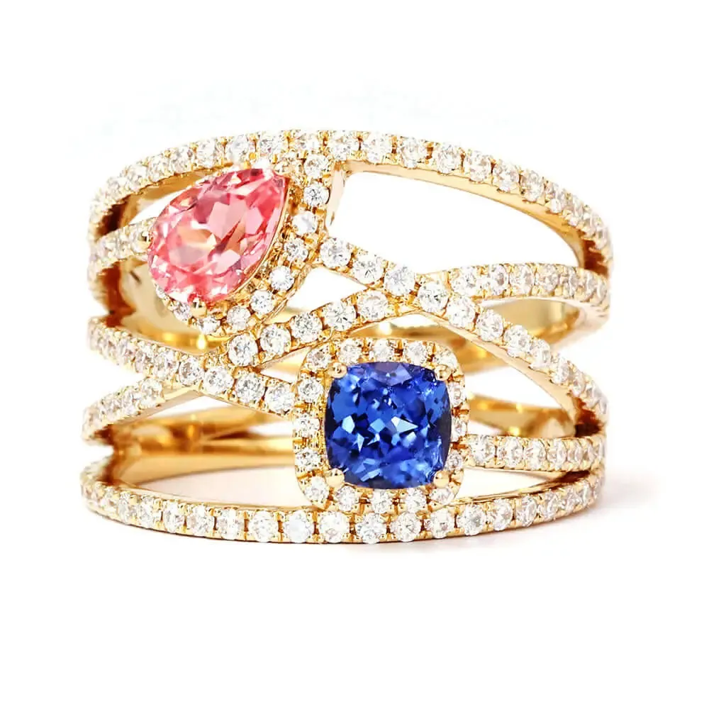 Daphne Pear and Cushion Lab Grown Sapphire with Multi Pave Band Ring in 18K Gold