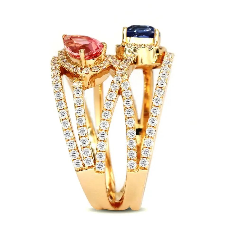 Daphne Pear and Cushion Lab Grown Sapphire with Multi Pave Band Ring in 18K Gold