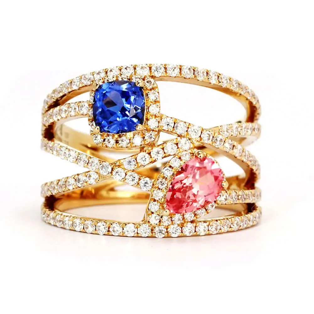 Daphne Pear and Cushion Lab Grown Sapphire with Multi Pave Band Ring in 18K Gold