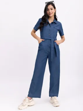 Denim Shirt Collar Jumpsuit - Navy Blue