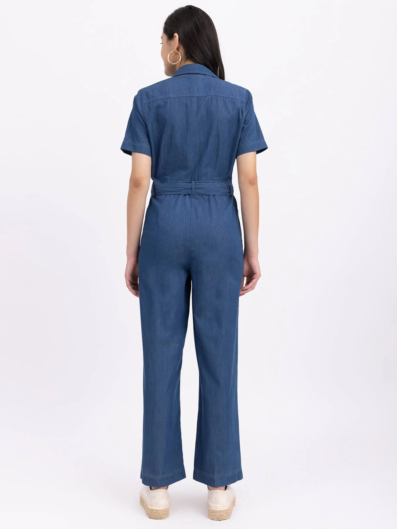 Denim Shirt Collar Jumpsuit - Navy Blue